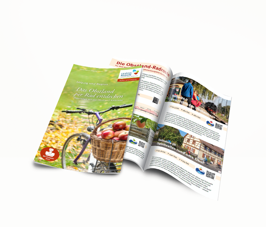 Titel und Innenseite des Obstland-Flyers zum Thema Radfahren im Sächsischen Obstland