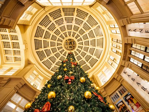 A decorated Christmas tree stretches upwards in the Mädler Arcade