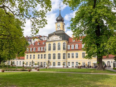 Das Bild zeigt die Gartenfront des Gohliser Schlösschens im Nordwesten von Leipzig, Es ist Sommer und auf der Terrasse vor der barocken gelben Fassade stehen die Tische und Stühle des Cafès.