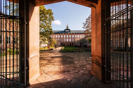 De ingang van het Grassi Museum is in de herfst bedekt met bladeren.