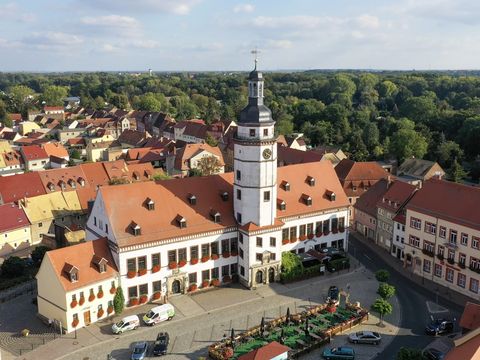 Das Bild ist eine Luftaufnahme, die das Rathaus mit Marktplatz und den Dächern der Pegauer Altstadt zeigt.