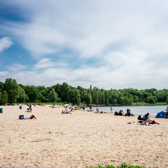 Ein Sandstrand am Cospudener See in Markkleeberg. Erholung, Entspannung, Action und Wasserspaß am See.