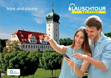 Fotomontage eines jungen Paares vor dem Barockschloss, beide schauen auf ein Handy und die junge Frau zeigt auf eine Sehenswürdigkeit.