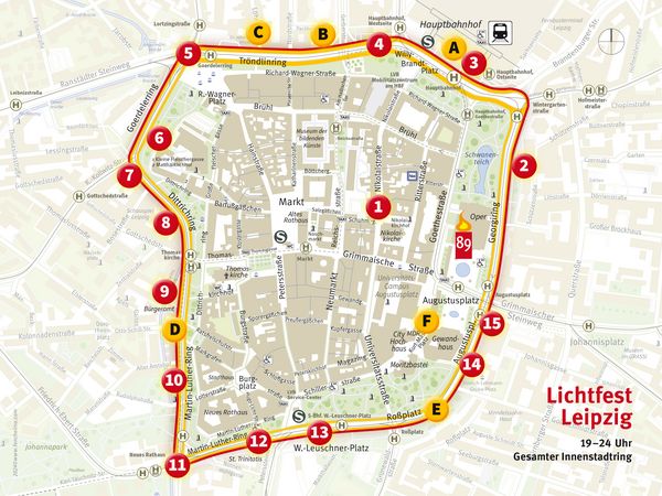 Übersichtskarte Lichtfest Leipzig 2024 am 9. Oktober 2024 – alle Stationen