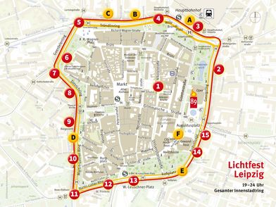 Übersichtskarte Lichtfest Leipzig 2024 am 9. Oktober 2024 – alle Stationen