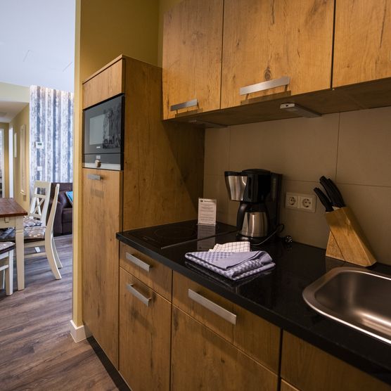 Das Bild zeigt eine voll ausgestattete Küchenzeile am Wohnzimmer des Apartments.