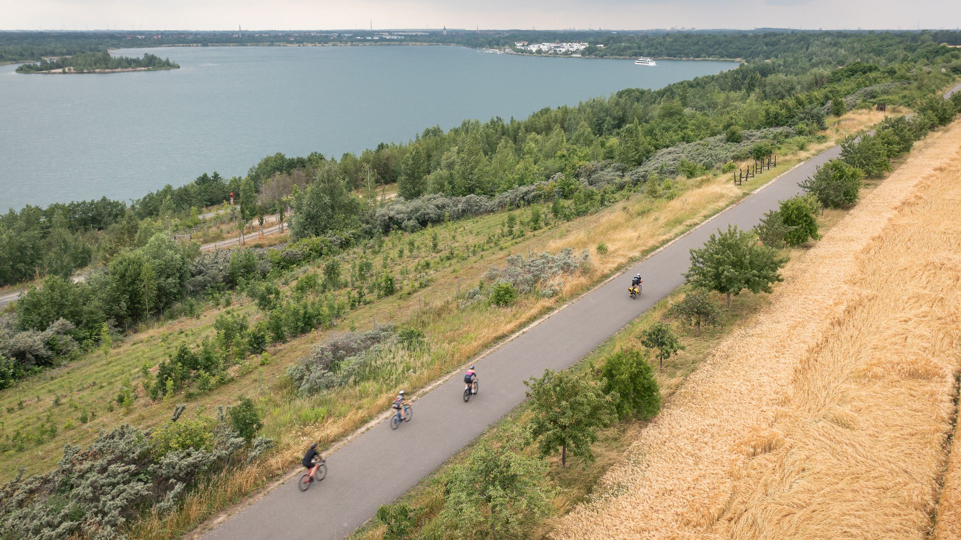 Das Bild zeigt ein Luftbild der Landschaft rund um den Markkleeberger See