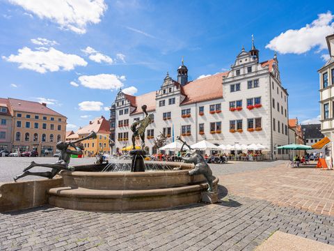 Das Bild zeigt Dem Marktplatz von Torgau. In der Mitte des Platzes steht ein großer Brunnen, rechts dahinter im Bild sieht man die weiße Fassade des städtischen Rathauses.
