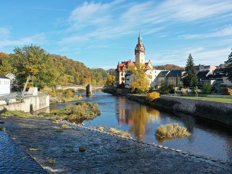Blick auf den Turm des Waldheimer Rathauses über den Fluss Zschopau.