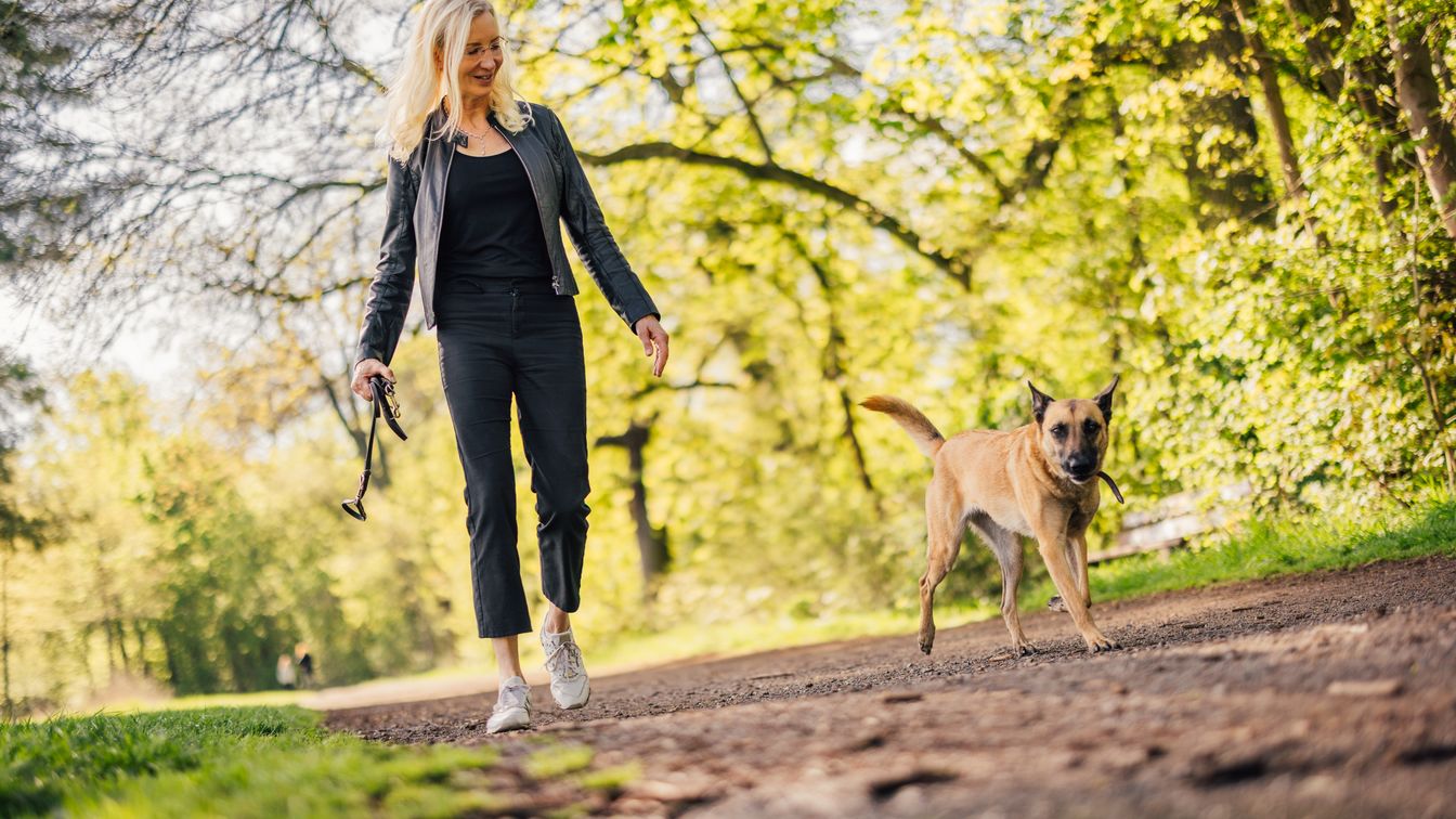 Im Leipziger Rosental geht eine Frau mit ihrem Hund spazieren und schaut ihn dabei lächelnd an