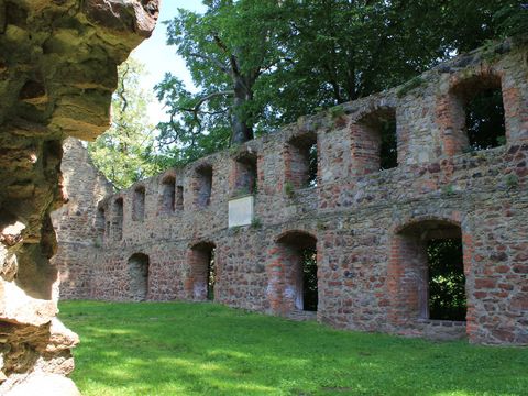 rote Steinwände mit Fenster und Andeutungen eines Spitzdaches auf einer saftig grünen Wiese mit Laubbäumen im Hintergrund, Kloster Nimbschen bei Grimma in der Leipzig Region