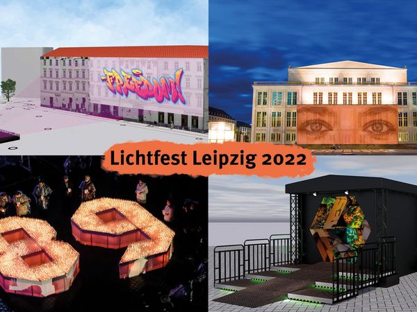 Lichtfest Leipzig 2022: Kunstwerke und Kerzen-89 (quer), zu sehen sind Visualisierungen der drei Lichtinstallationen sowie ein Archivbild der Kerzen-89 auf dem Nikolaikirchhof - Foto: LTM GmbH