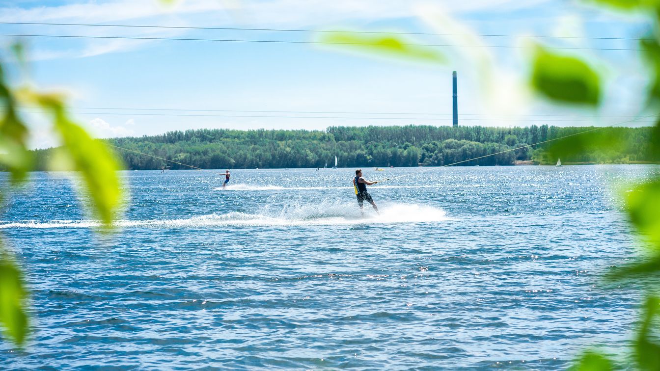 Eingerahmt von grünen Baumblättern zeigt das Bild den Blick auf den Kulkwitzer See in Leipzig, im Mittelpunkt des Bildes sieht man einen Mann auf einem Wakeboard, der sich von der Wasserskiwinde über das Wasser ziehen lässt