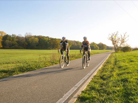 Zwei Fahrradfahrer auf einem Radweg in Pegau, Rennradfahrer, Freizeit