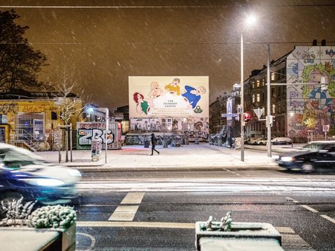 Blick auf die Feinkost Leipzig im Winter.