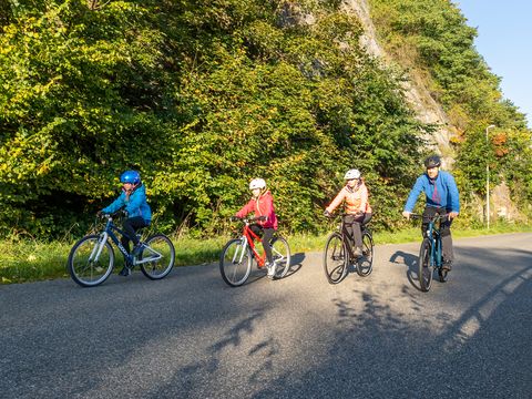 Familie beim Radfahren auf der Obstland-Radroute in der Natur, Region Leipzig, Freizeitaktivitäten