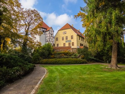 Das Bild zeigt den Blick aus der Parkanlage auf die kleine Burg Düben mit ihrer schönen Fachwerk-Fassade.