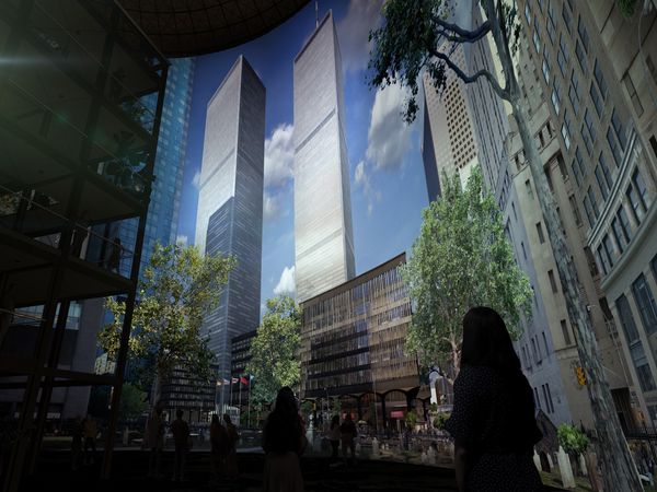 Panorama New York 9/11 - Yadegar Asisi, zu sehen ist die Visualisierung des Panoramas inkl. der Twin Tower - Foto: asisi
