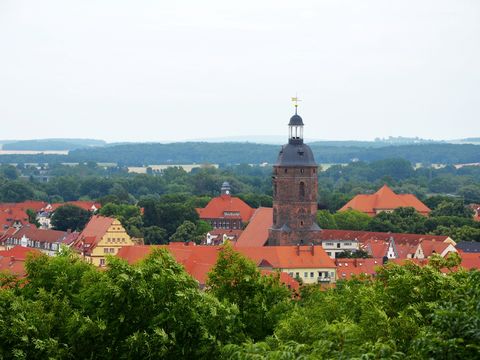 Das Bild zeigt den Blick vom Burgberg auf die Altstadt von Eilenburg mit Nikolaikirche