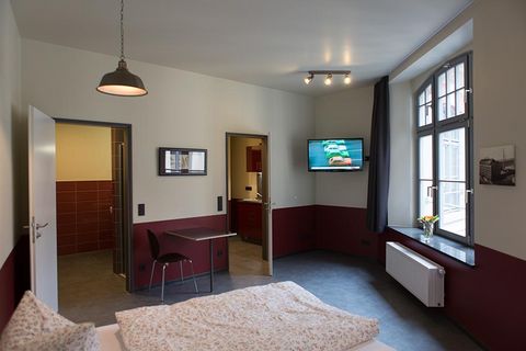 Blick in ein großes Familienzimmer mit Küche und Bad in den Aparion Apartments Leipzig, die für einen Kurzurlaub mit der Familie nach Leipzig gebucht werden können