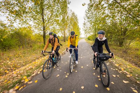 Drei Radfahrer fahren in Richtung Kamera auf einem gut asphaltiertem Radweg zwischen bunten Bäumen im Leipziger Neuseenland