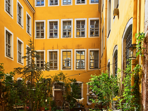 Innenhof des Fregehauses in der Katharinenstraße Leipzig, das Fregehaus mit seiner gelben Fassade umrandet den mit Pflanzen geschmückten Innenhof.