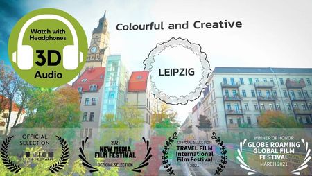 Thumbnail für das Video "Colourful and creative Leipzig", in dem viele Geheimtipps vorgestellt werden, die besondere Sounds besitzen, denn das Video ist mit 3D-Audio produziert. Auf dem Thumbnail sieht man viele Preisnominierungen auf einem Bild von einer Brücke am Karl-Heine-Kanal in Leipzig Plagwitz
