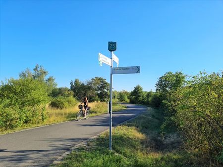 Ein Wegweiser und Knotenpunkt am Radweg am Cospudener See, Region Leipzig