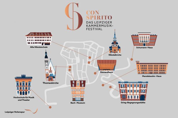 Graphic map showing the various venues of the Leipzig chamber music festival Con spirito, including the Schumann House, the Old St. Nicholas School and St. Thomas Church.