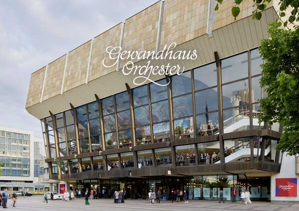 View of Leipzig Gewandhaus with the Gewandhaus Orchester written logo in the upper centre of the picture.
