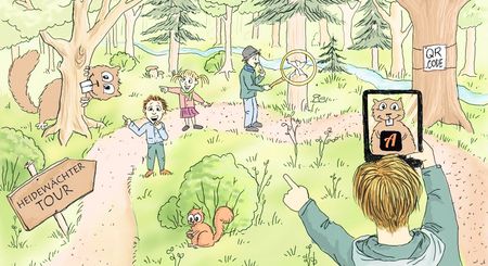 Die Illustration zeigt wie ein Junge die App auf seinem Smartphone nutzt und auf den ausgeschilderten Weg der Tour zeigt, wo zwei andere Kinder auf einen Bieber verweisen, der soeben einen Baum annagt. Rechts im Bild sieht man einen Förster der sich zu wundern schein, warum sein Baum angenagt ist.