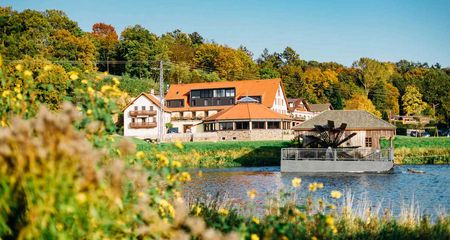 Das Bild zeigt die Anlage des Hotels Zur Schiffsmühle in Grimma hinter dem Flusslauf der Mulde.